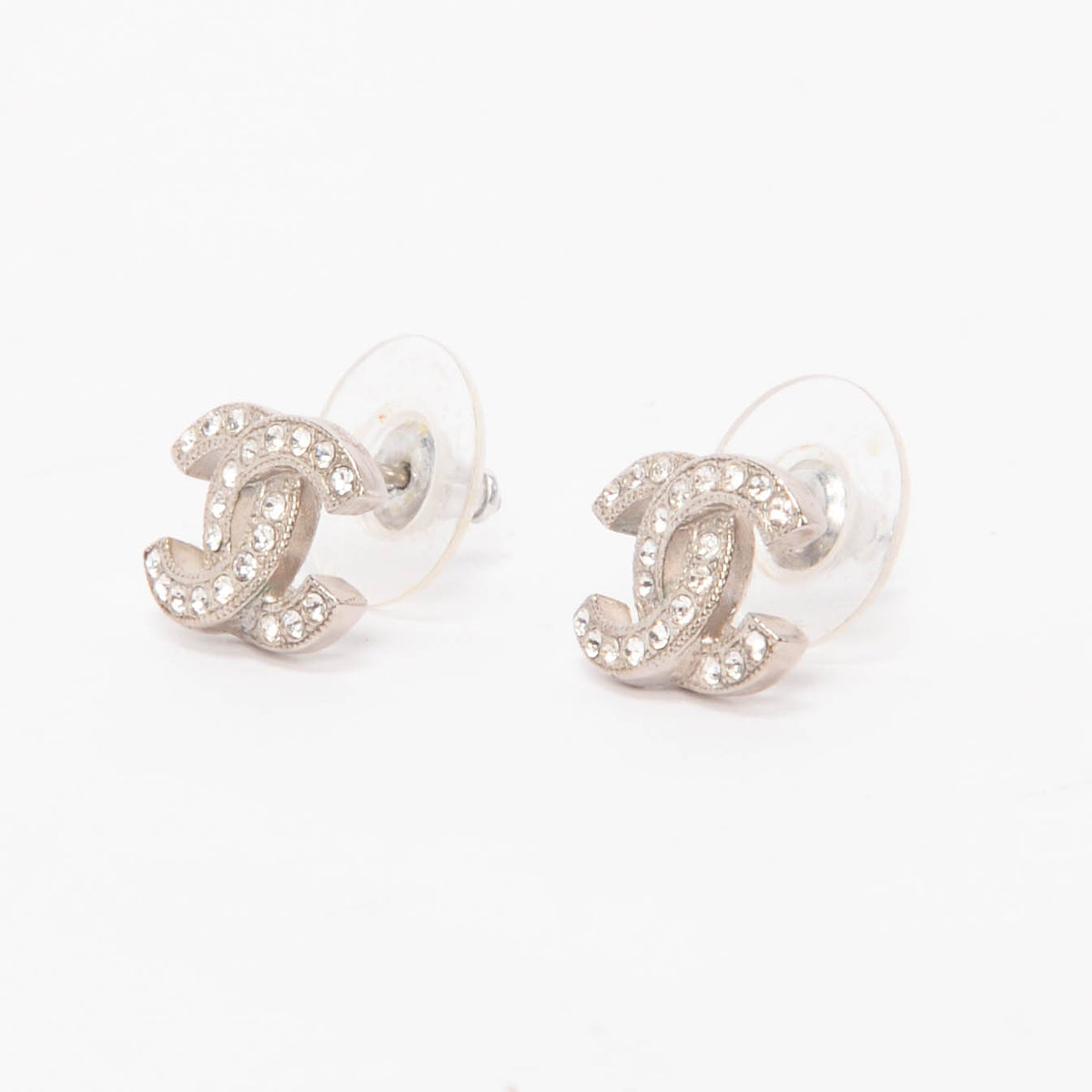 Chanel Silver Crystal CC Earrings