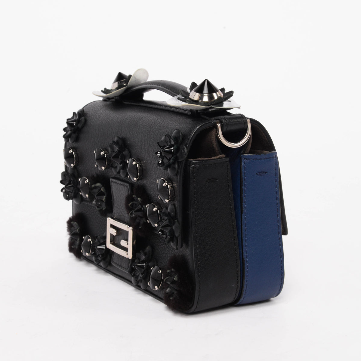 Fendi Black & Blue Vitello Dolce Flowerland Micro Double Baguette