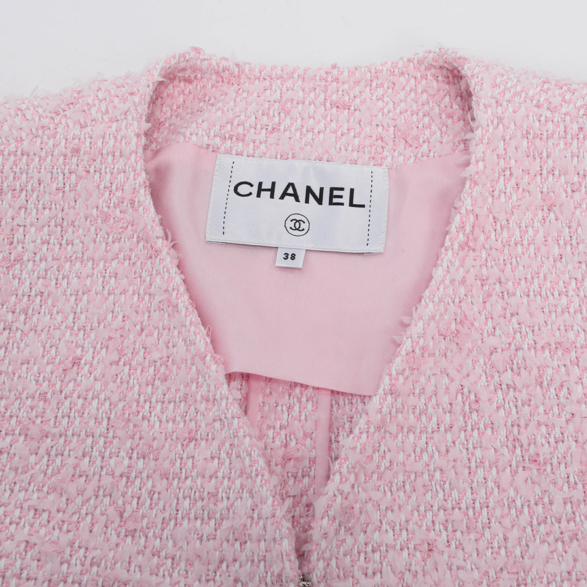 Chanel Pink Fantasy Tweed Collarless Jacket FR 38