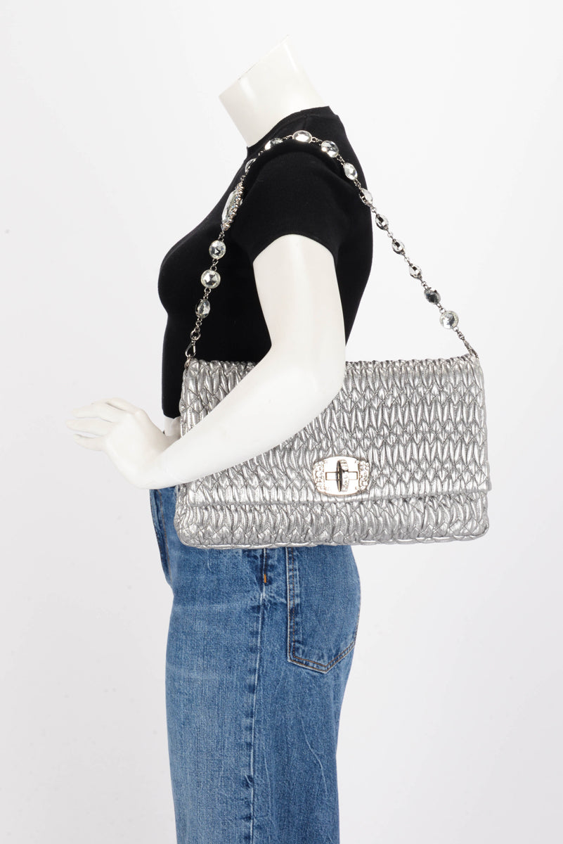 Miu Miu Silver Matelasse Nappa Crystal Shoulder Bag