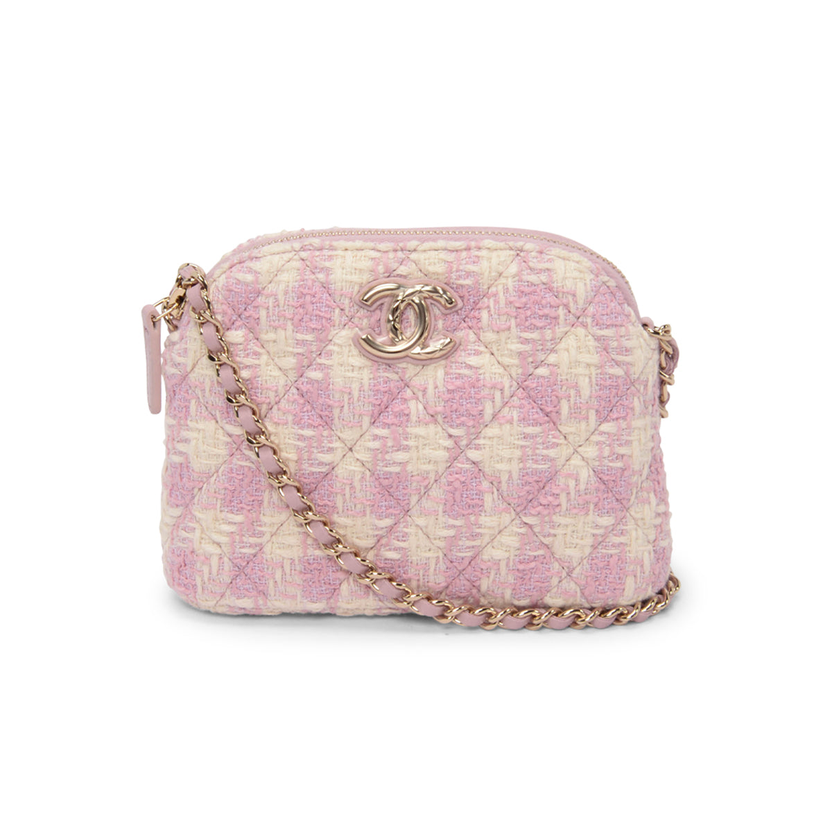 Chanel Pink & White Check Tweed Clutch With Chain