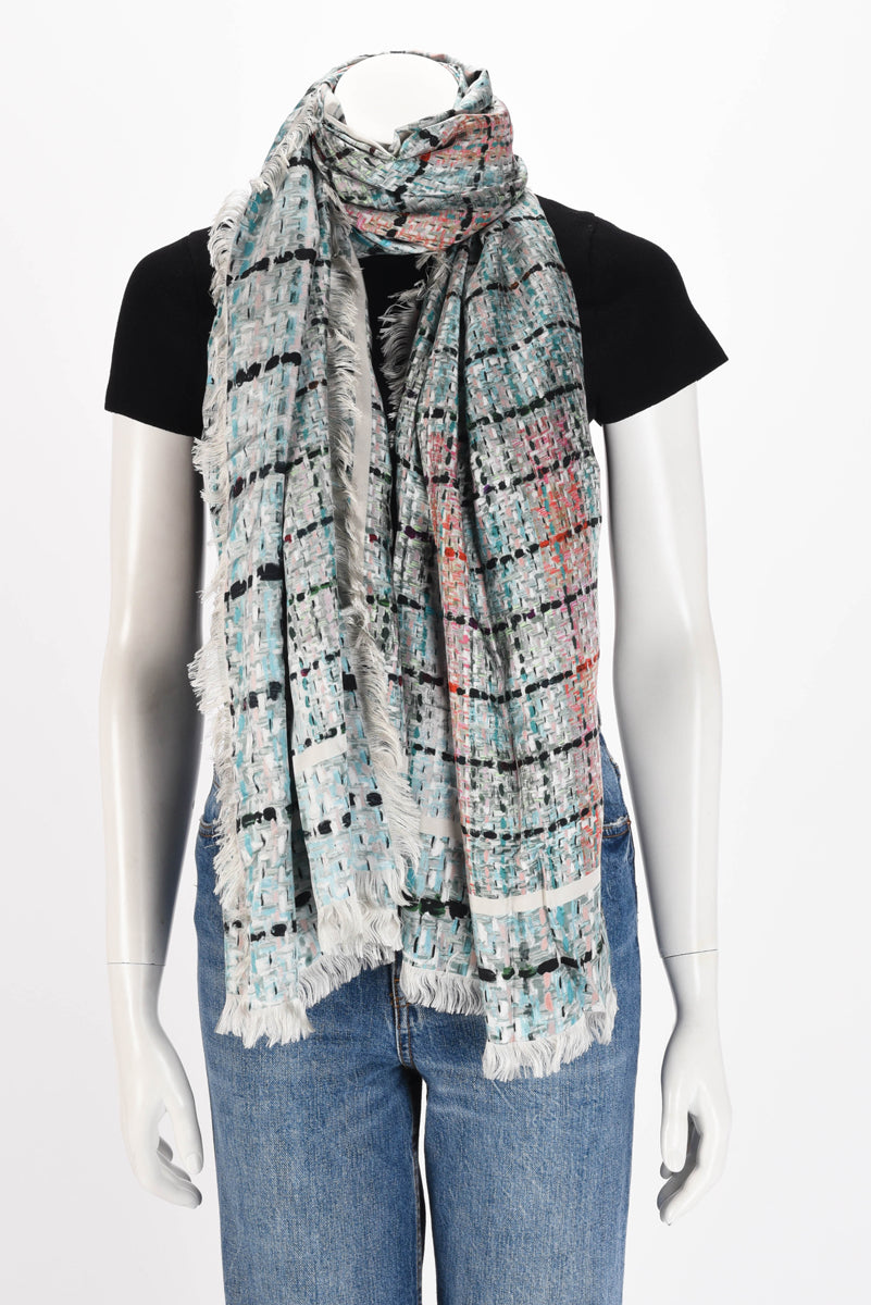 Chanel Turquoise Silk Tweed Print CC Shawl