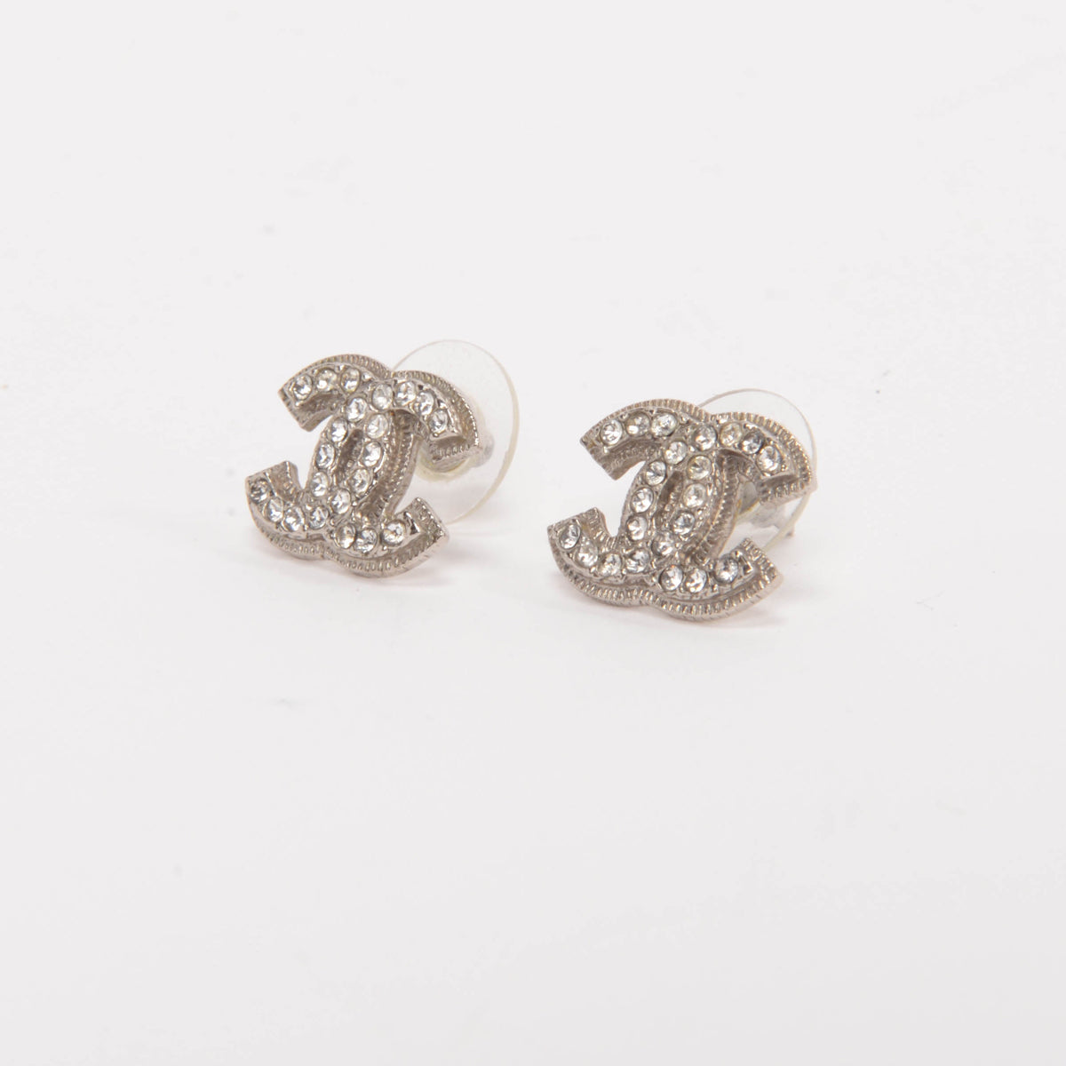Chanel Silver Crystal CC Stud Earrings