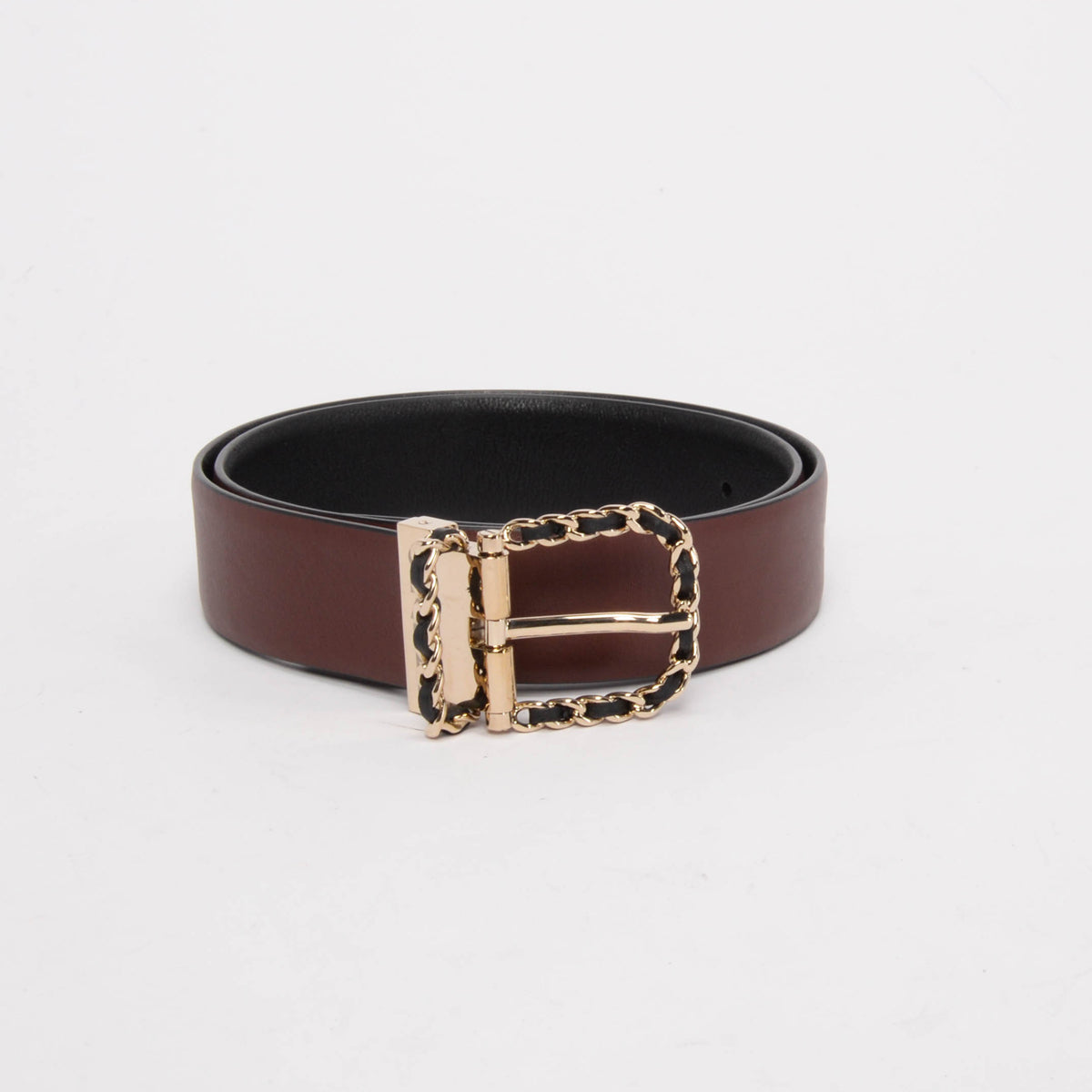 Chanel Black & Burgundy Reversible Leather Chain Buckle Belt