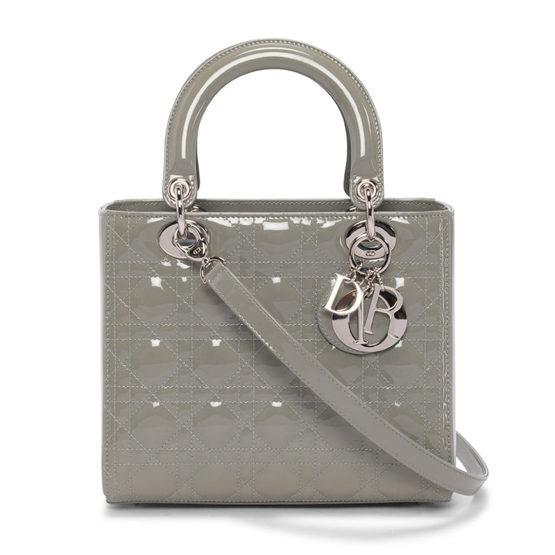 Dior Grey Patent Cannage Medium Lady Dior Bag - Blue Spinach