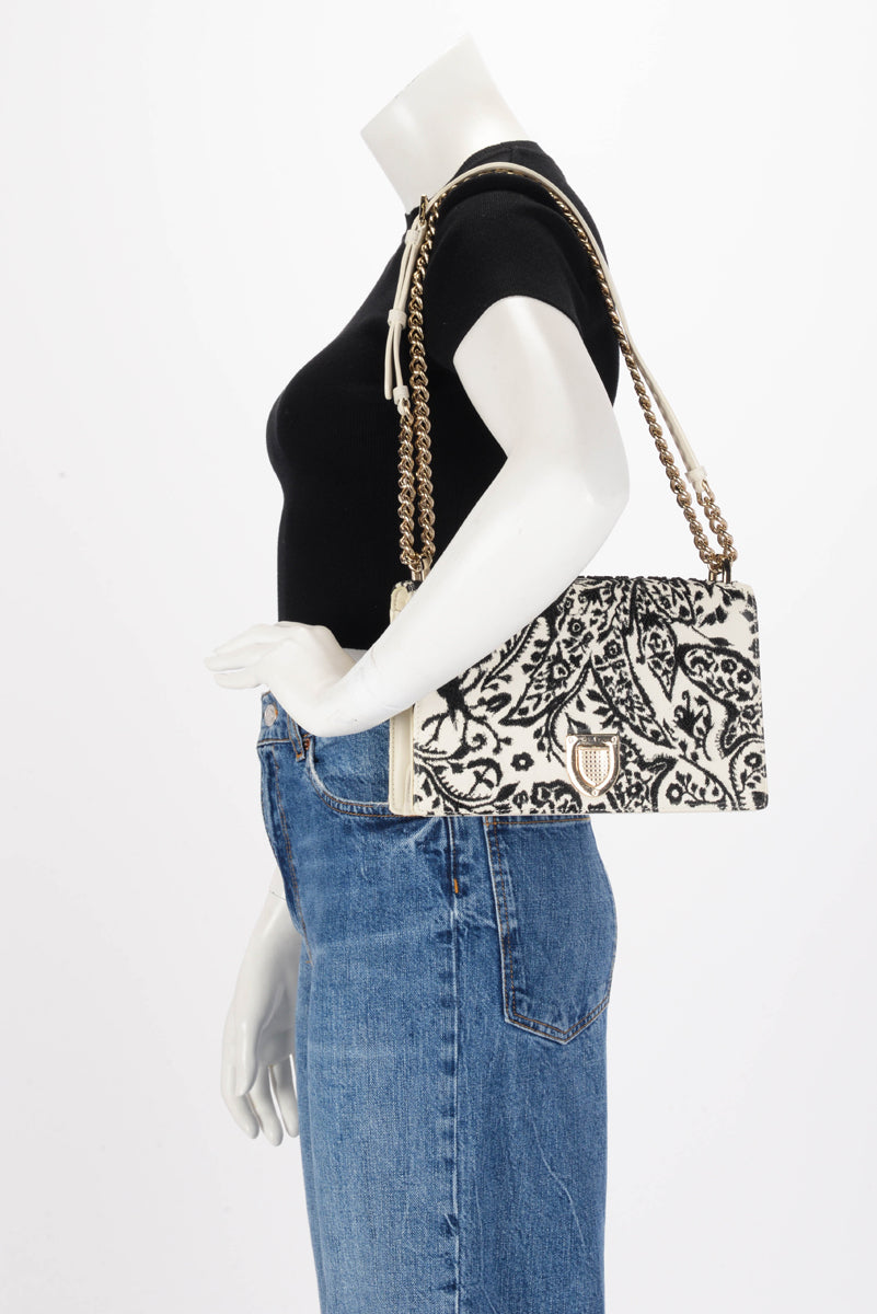 Dior Ivory & Black Calfskin Embroidered Diorama Beaded Bag