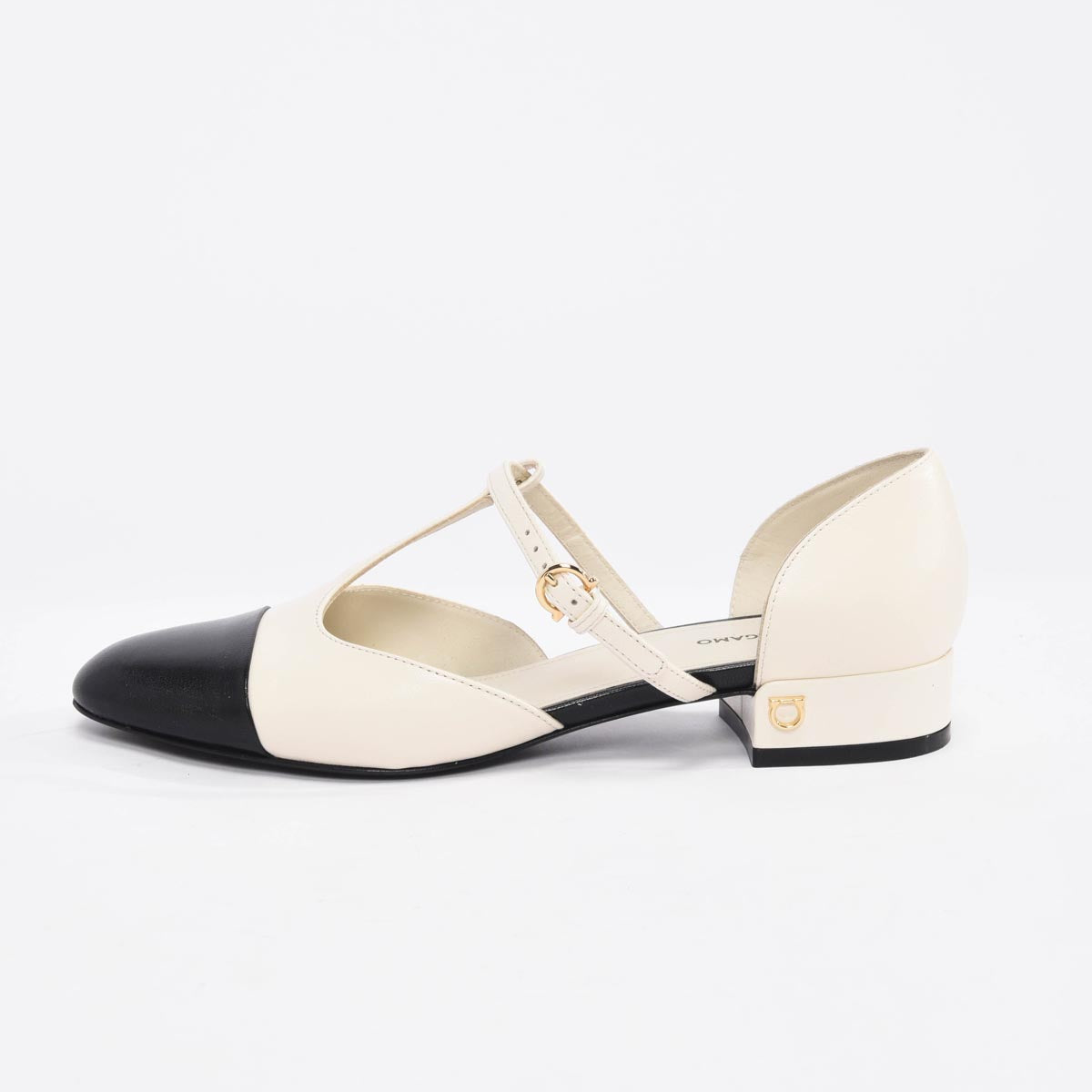 Ferragamo White & Black Goatskin Linette Cap Toe Mary Janes 6