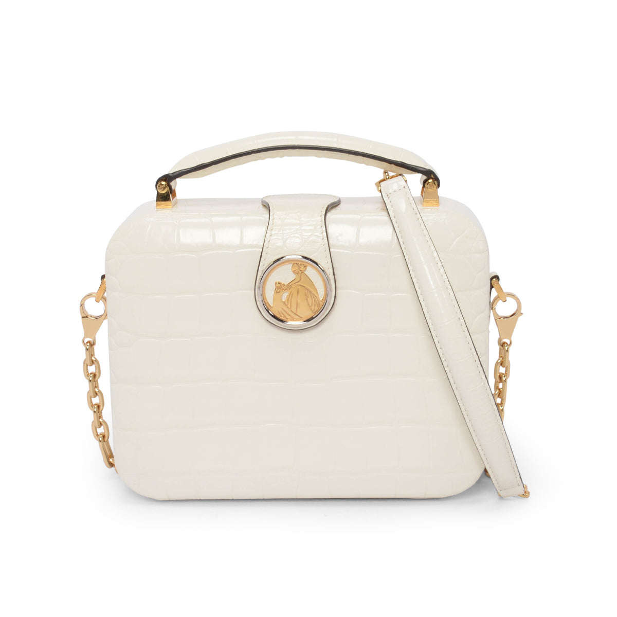 Lanvin White Croc Embossed Bento Box Top Handle Bag