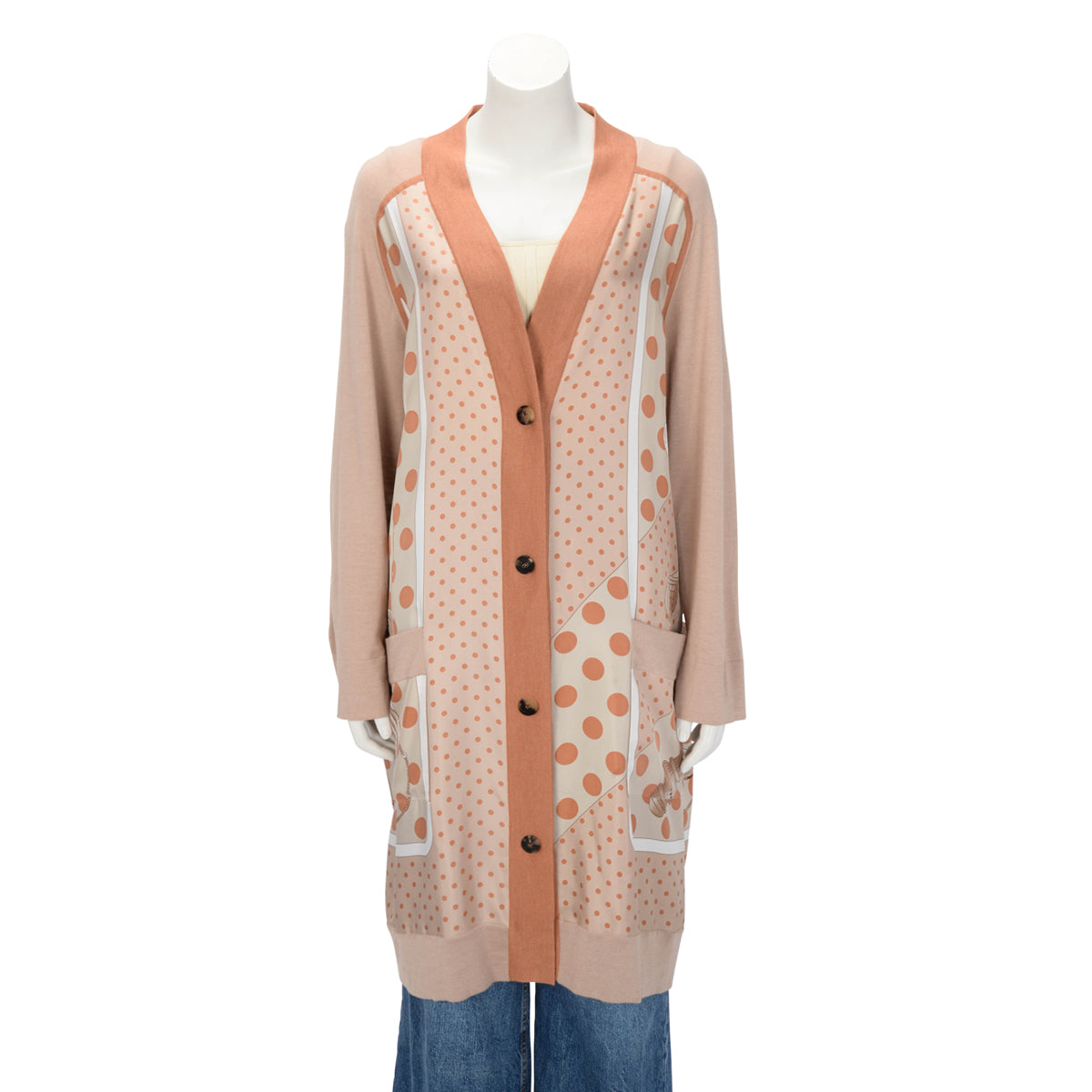 Hermes Nude Clic Clac a Pois Long Twillaine Cardigan FR 46