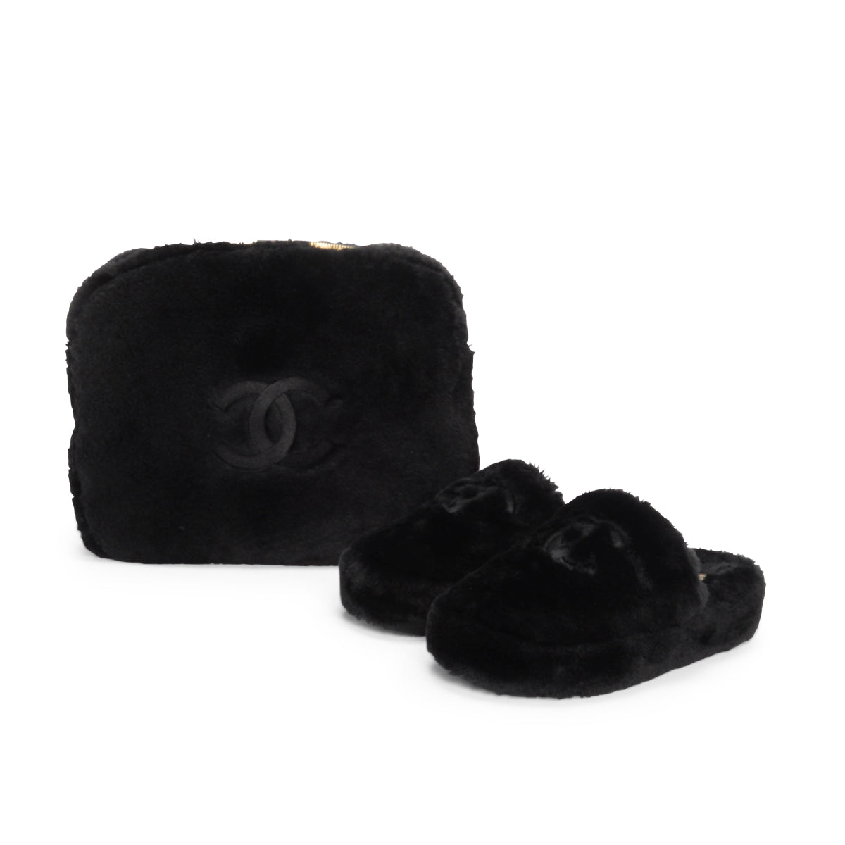 Chanel Black Shearling CC Travel Slippers & Pouch