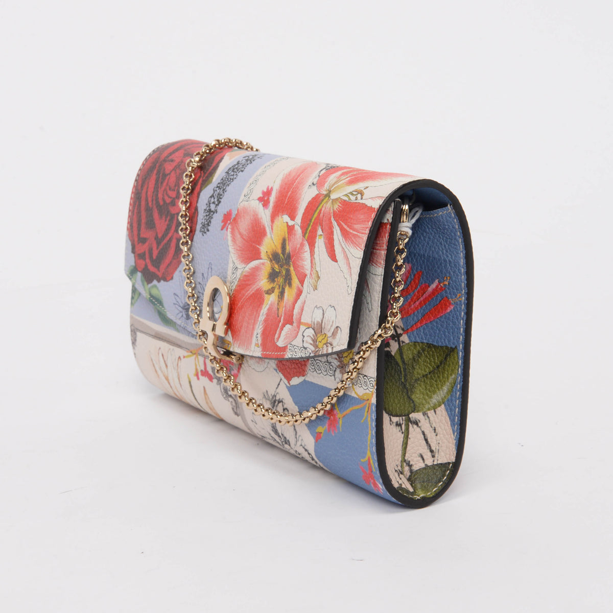 Ferragamo Floral Print Calfskin Gancini Chain Wallet