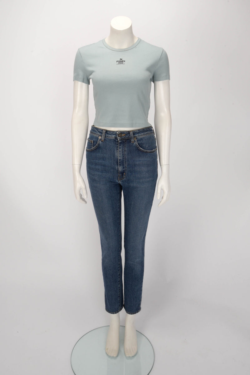 Fendi Blue Ribbed Cotton Logo Tee M