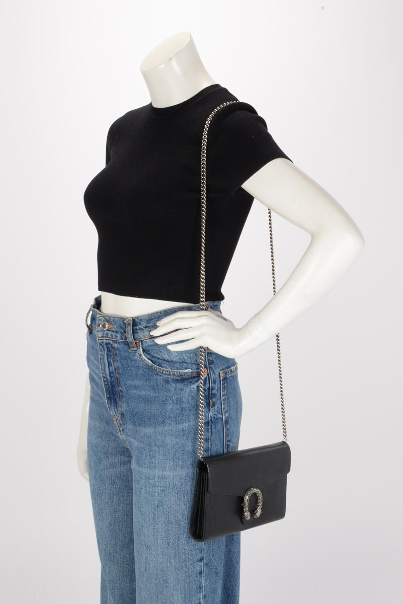 Gucci Black Textured Leather Dionysus Wallet On Chain