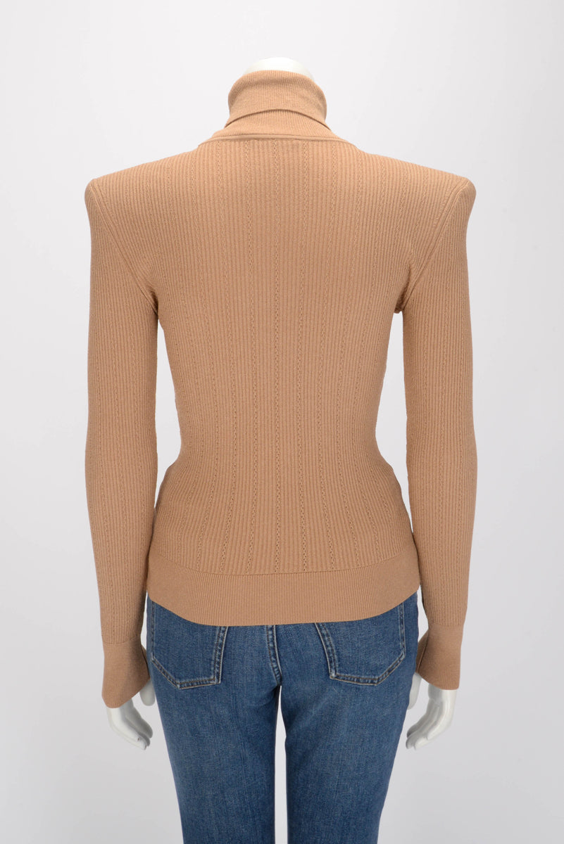 Balmain Bronze Ribbed Structured Shoulder Turtleneck Top FR 38
