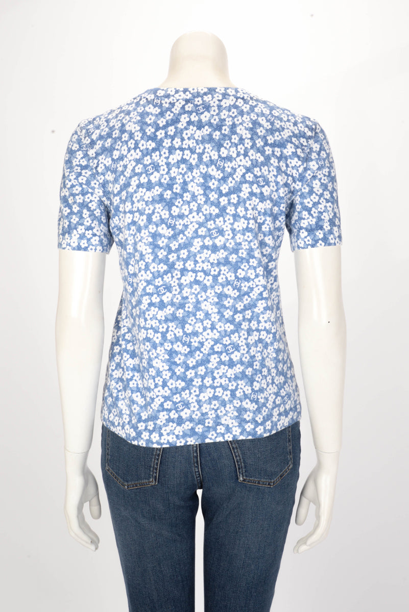 Chanel Blue Cotton Knit Floral CC T-Shirt FR 36
