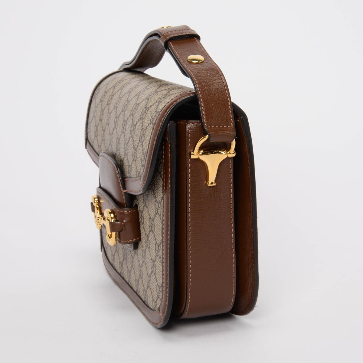 Gucci Tan Leather & GG Supreme Medium Horsebit 1955 Bag