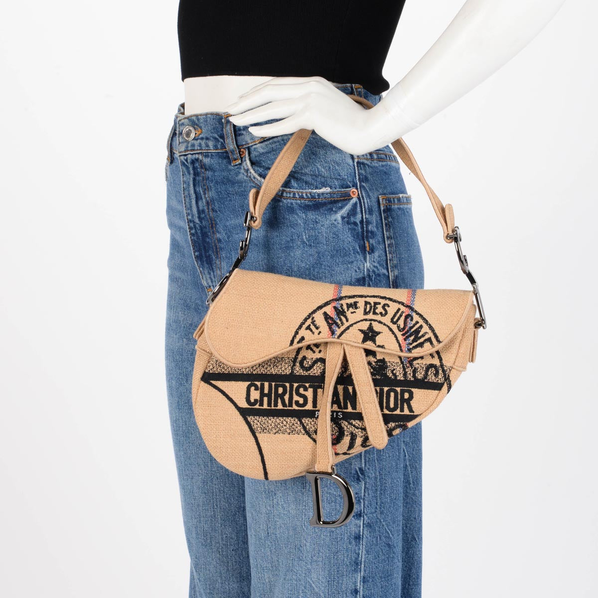 Dior Beige Woven Raffia Embroidered Saddle Bag