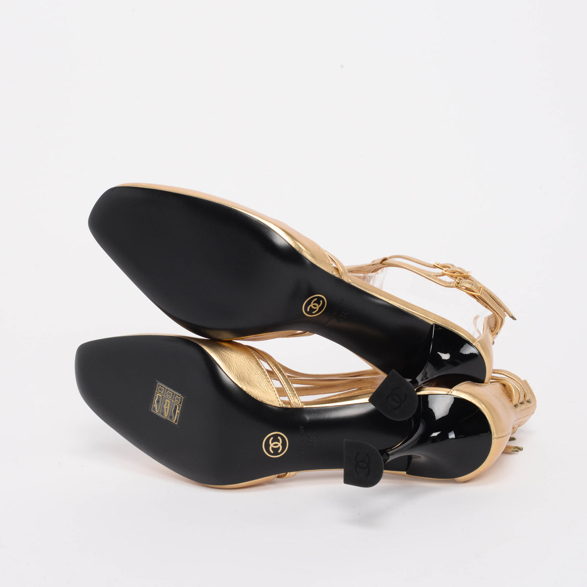 Chanel Gold Metallic Calfskin T-Strap Badge Pumps 41