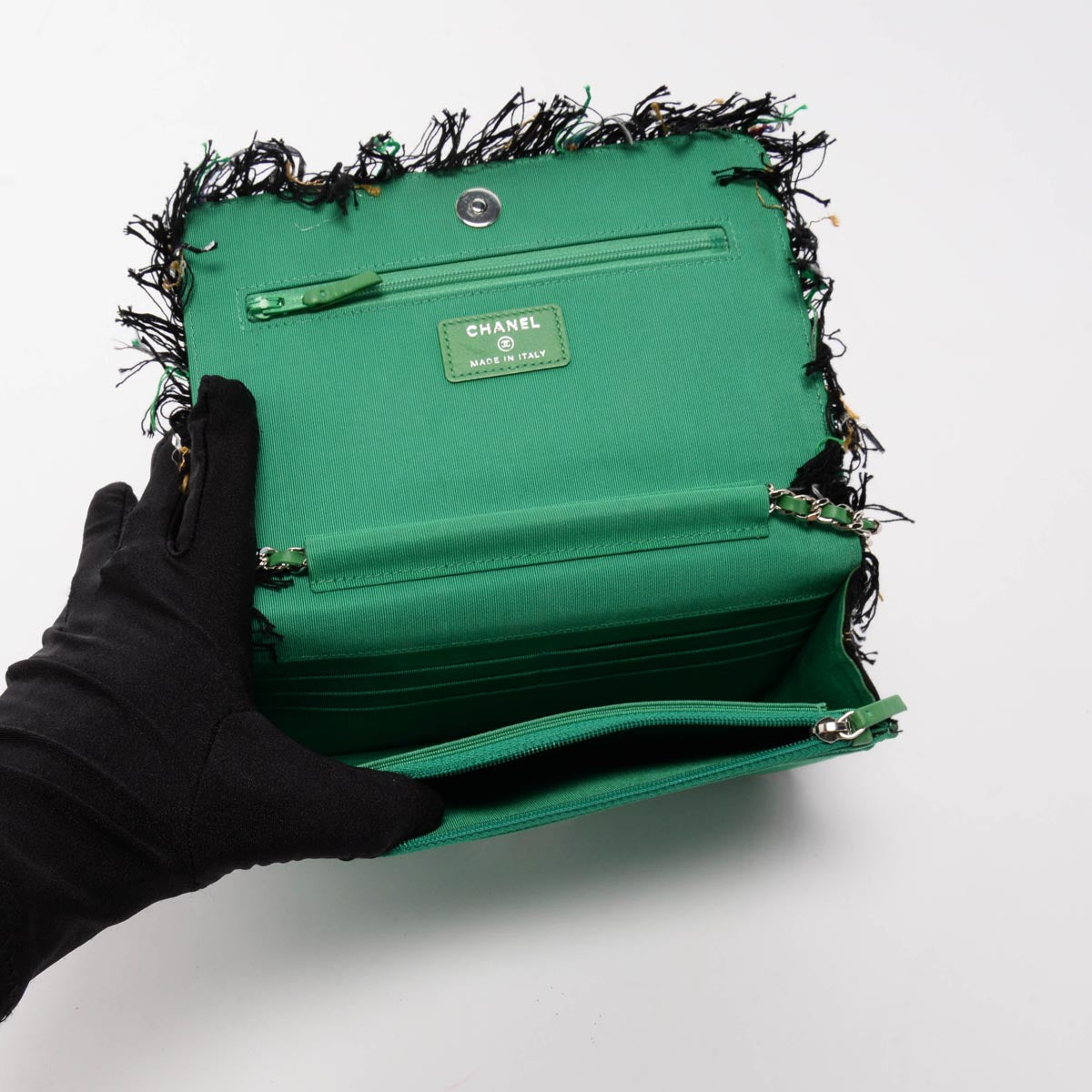 Chanel Black & Green Tweed Frayed Robot Wallet on Chain