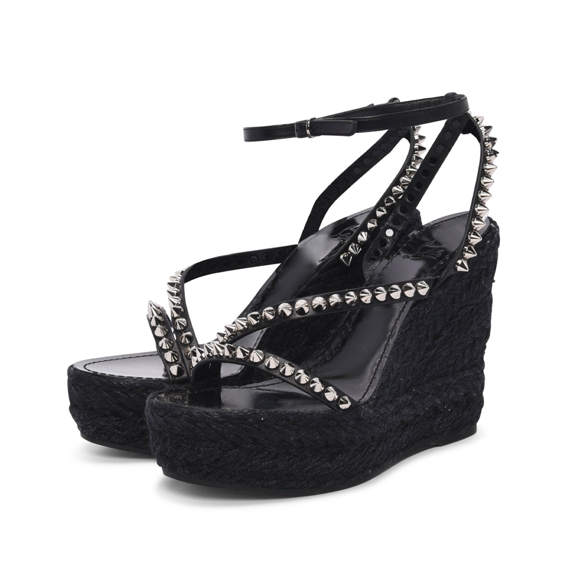 Christian Louboutin Black Raffia Mafaldina Zeppa Studded Wedges