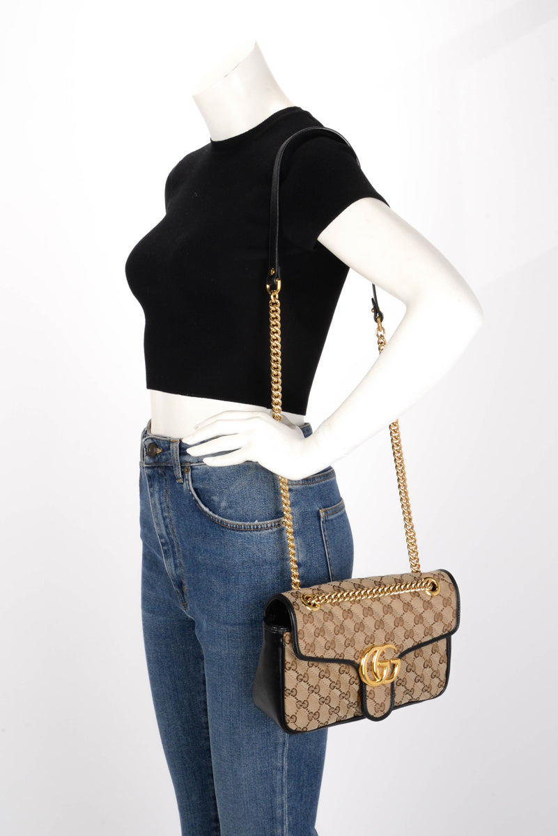 Gucci Black & Beige Monogram Matelasse Small GG Marmont Bag