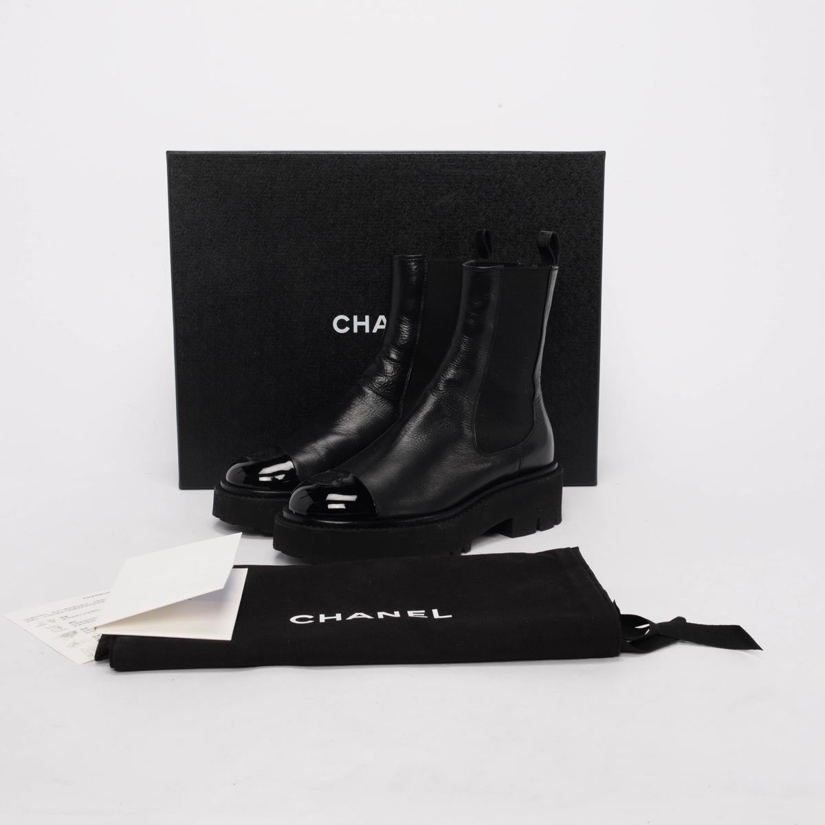 Chanel Black Patent Calfskin Cap Toe CC Ankle Boots 36