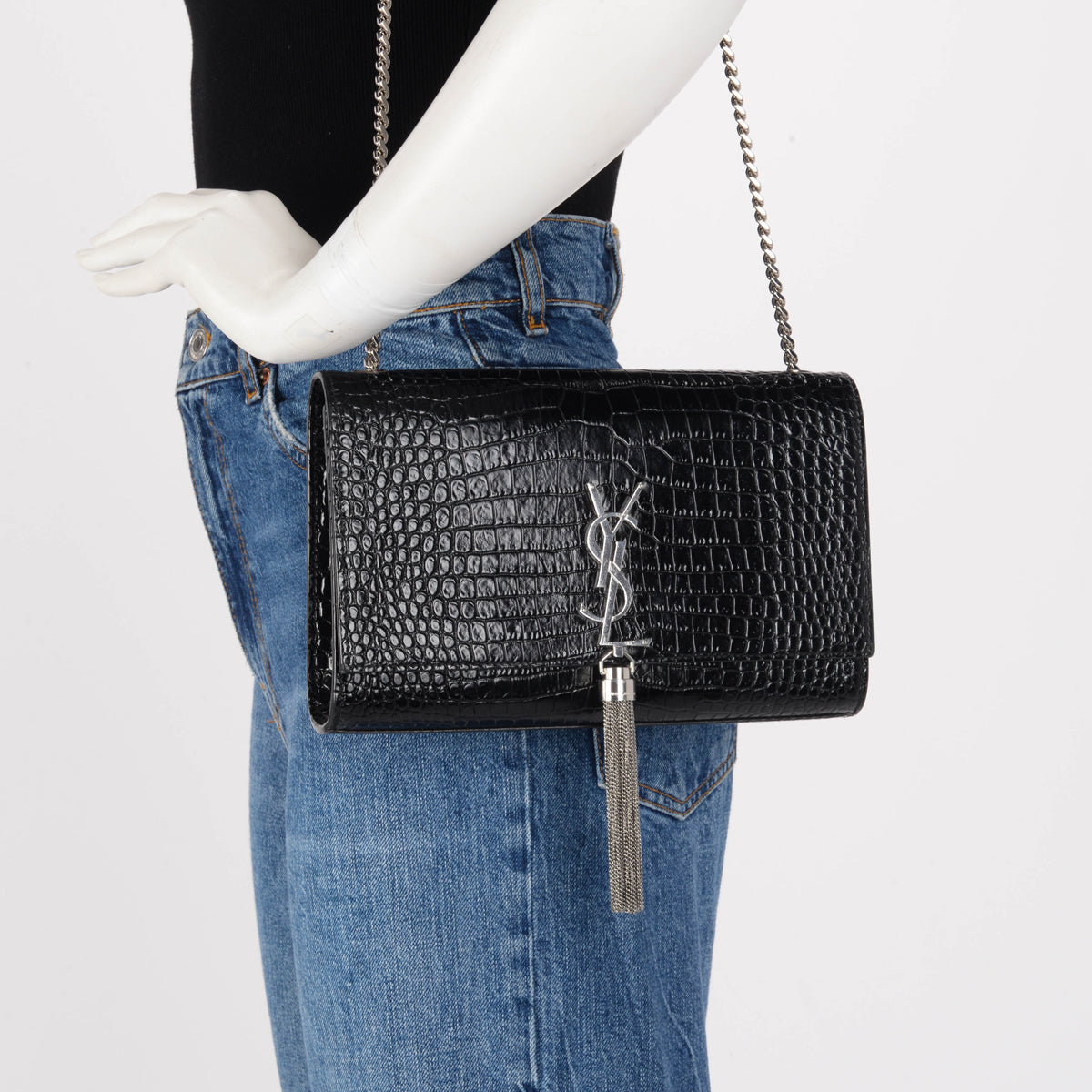 Saint Laurent Black Croc Embossed Medium Kate Tassel Bag
