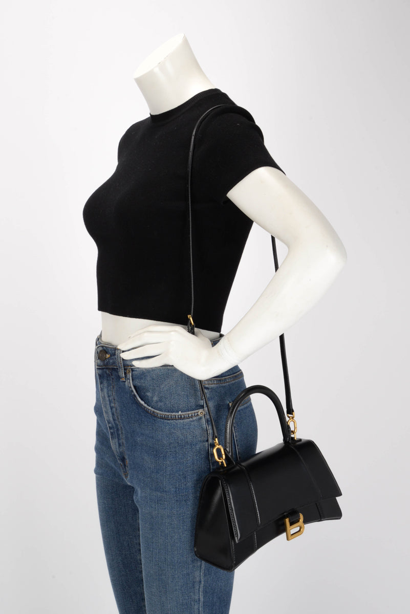 Balenciaga Black Shiny Box Calf Small Hourglass Bag