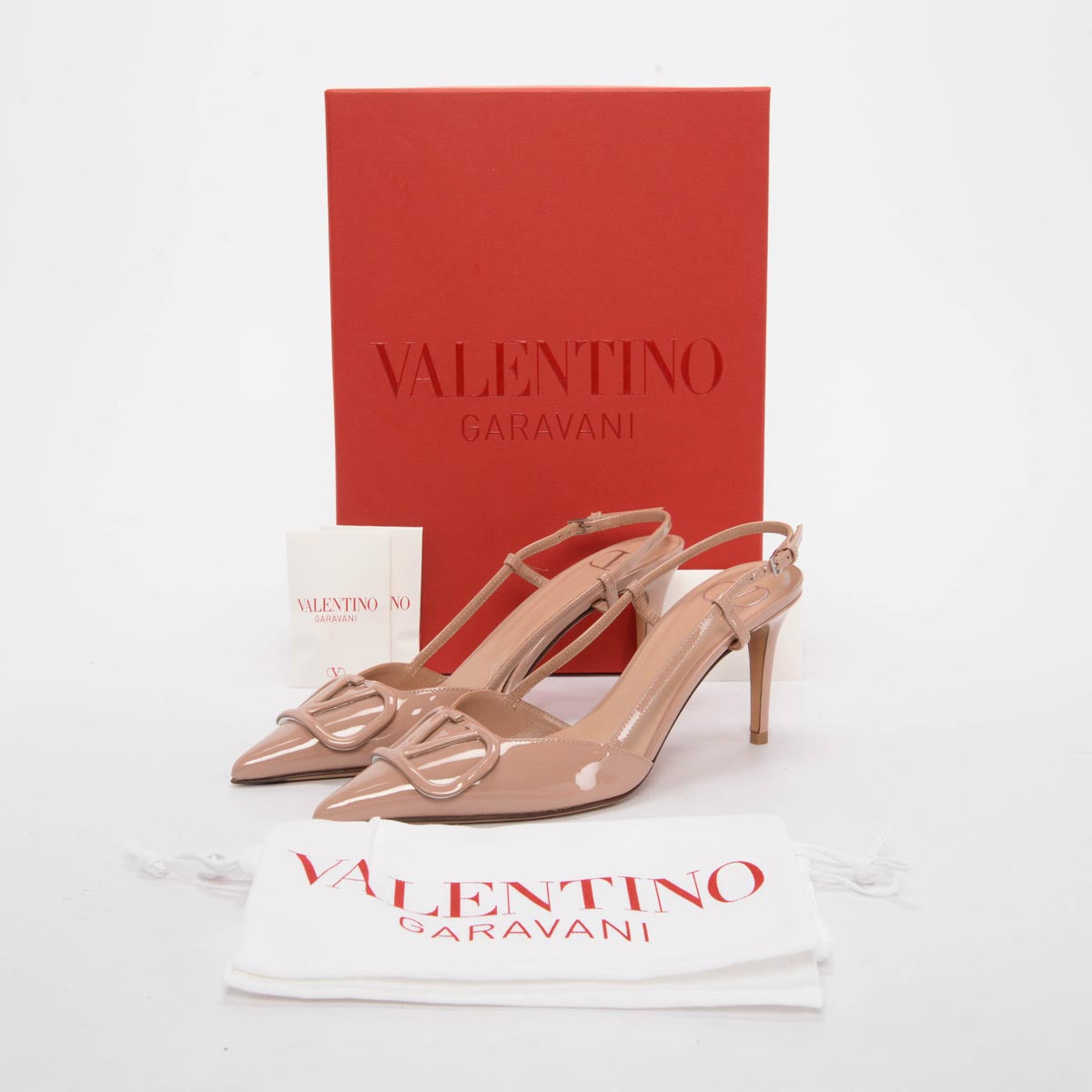 Valentino Rose Cannelle Patent V-Logo Slingback Pumps 37