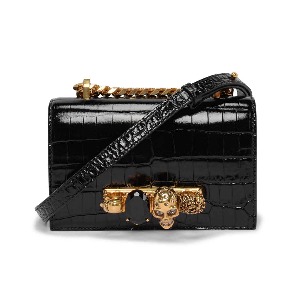 Alexander McQueen Black Croc Embossed Jewelled Skull Satchel Mini Bag