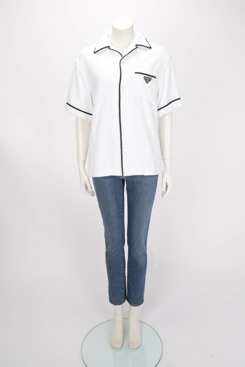 Prada White Terry Cotton Logo Plaque Shirt L