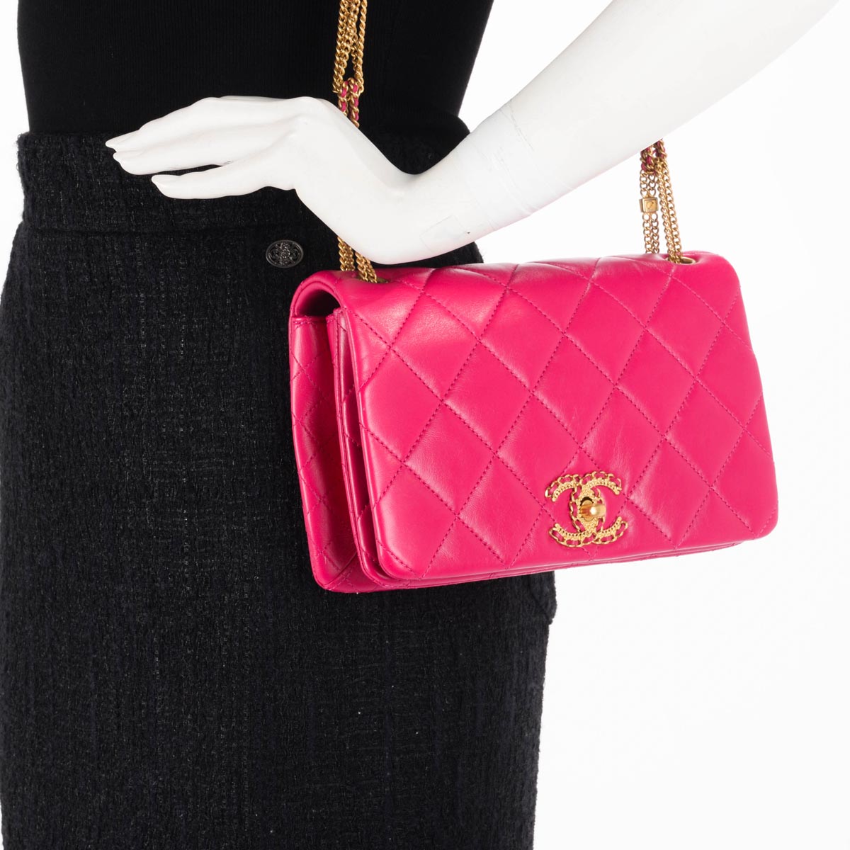 Chanel Fuschia Quilted Lambskin On And On Chain Bag