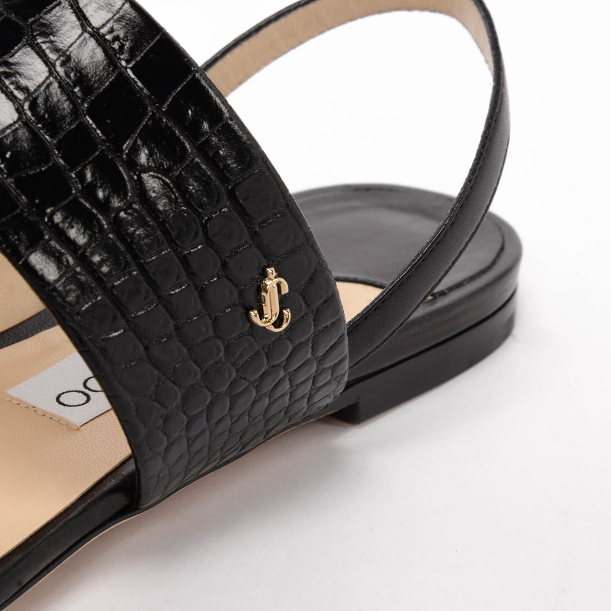 Jimmy Choo Black Nappa & Croc Embossed Seia Flat Sandals 38