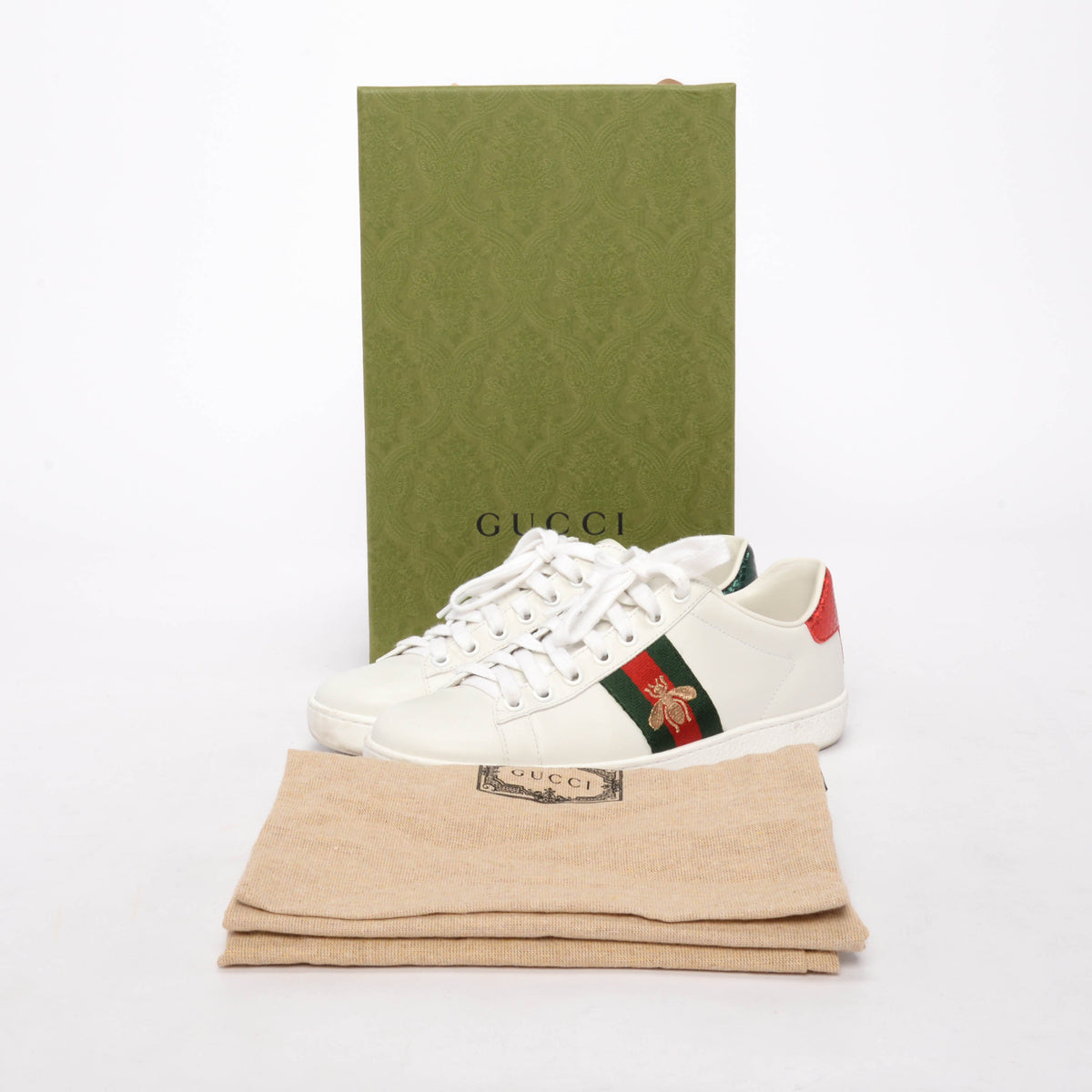 Gucci White Calfskin Bee Embroidered Ace Sneakers 36