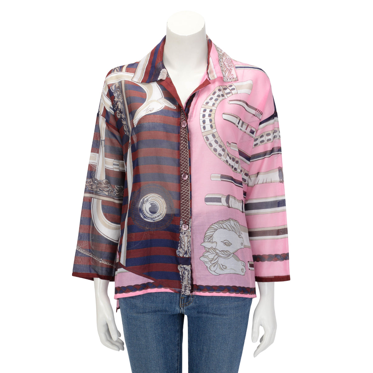 Hermes Pink & Burgundy Muslin Cotton Cannes et Cannes Shirt FR 38