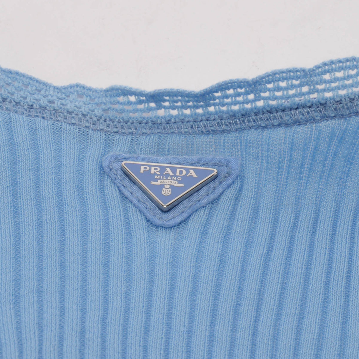 Prada Blue Ribbed Knit Lace Trim Logo Singlet IT 44