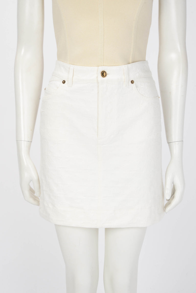 Louis Vuitton White Jacquard Denim Monogram Skirt FR 38