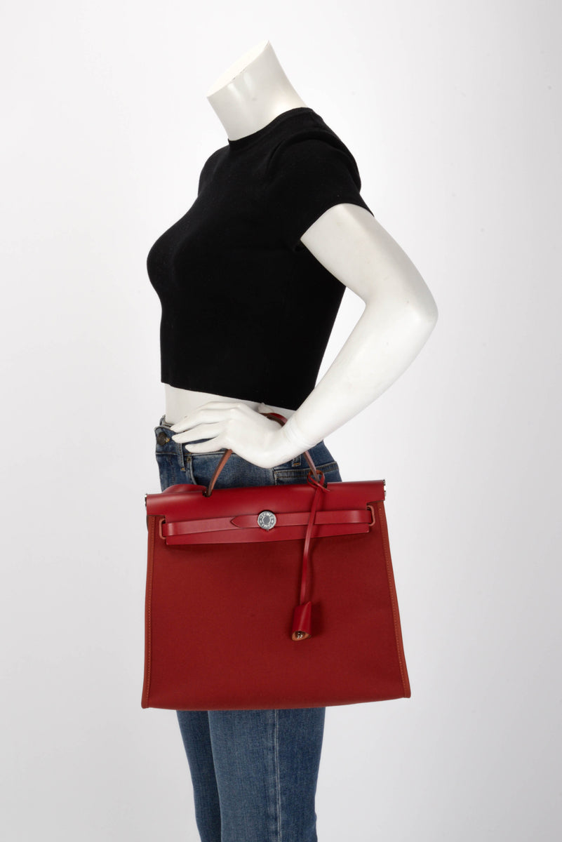 Hermes Rouge Piment Leather & Officier Canvas Herbag 31 Bag
