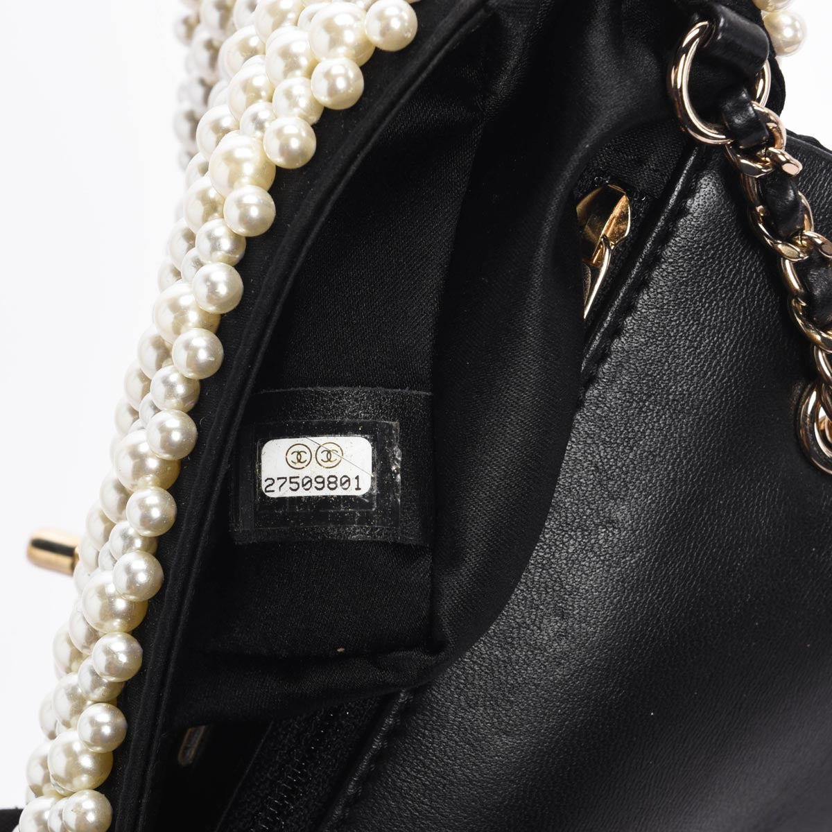 Chanel Black Satin & Lambskin Pearl On Flap Bag