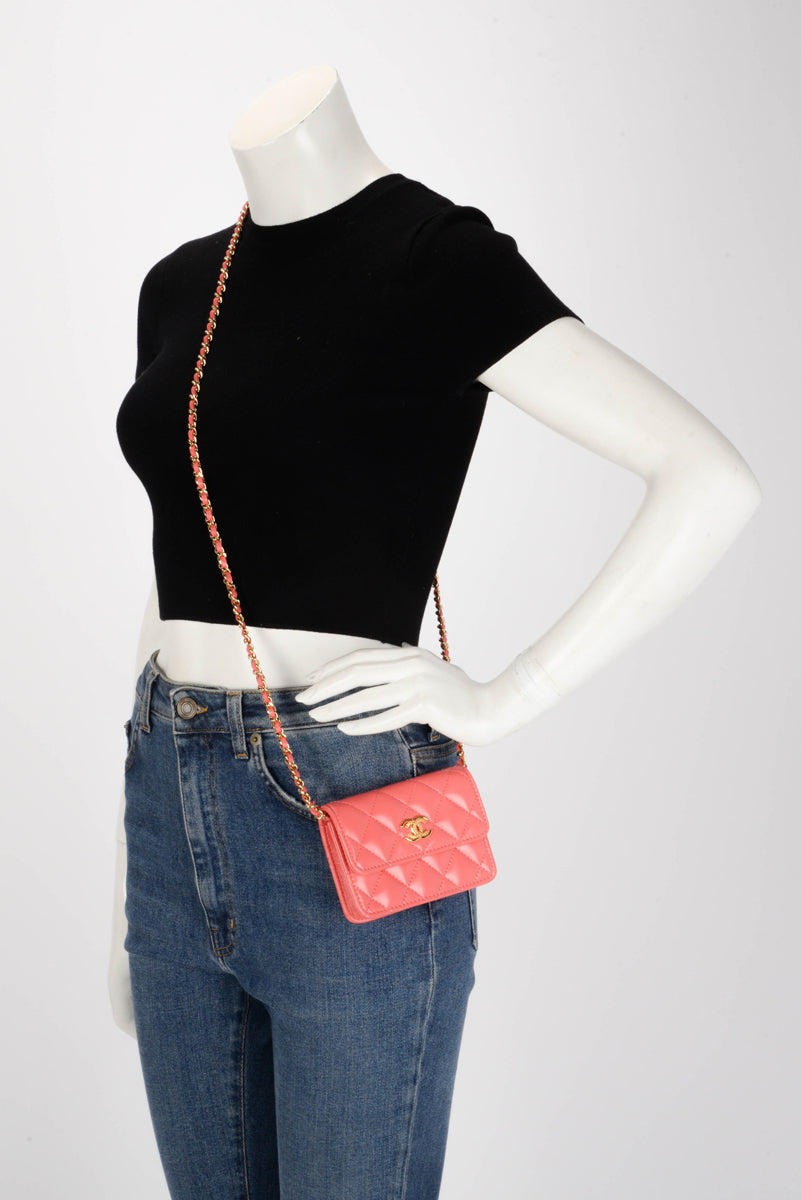 Chanel Coral Lambskin CC Clutch With Chain