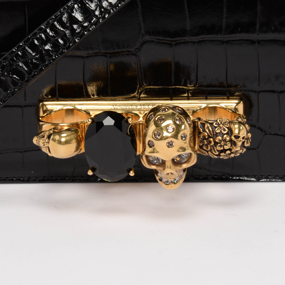 Alexander McQueen Black Croc Embossed Jewelled Skull Satchel Mini Bag