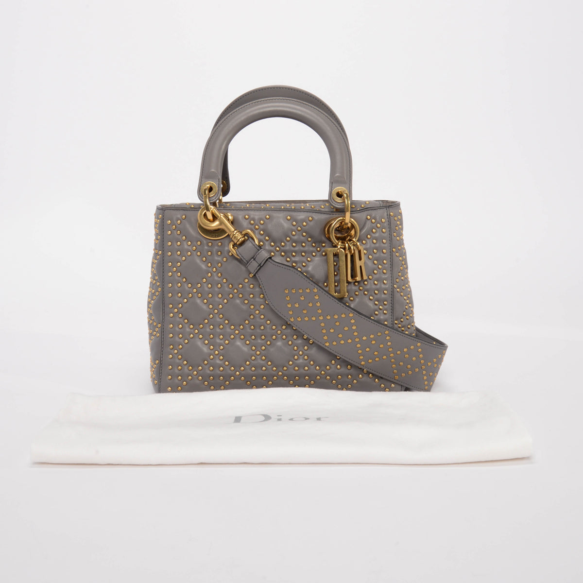 Dior Grey Studded Leather Medium Supple Lady Dior Bag