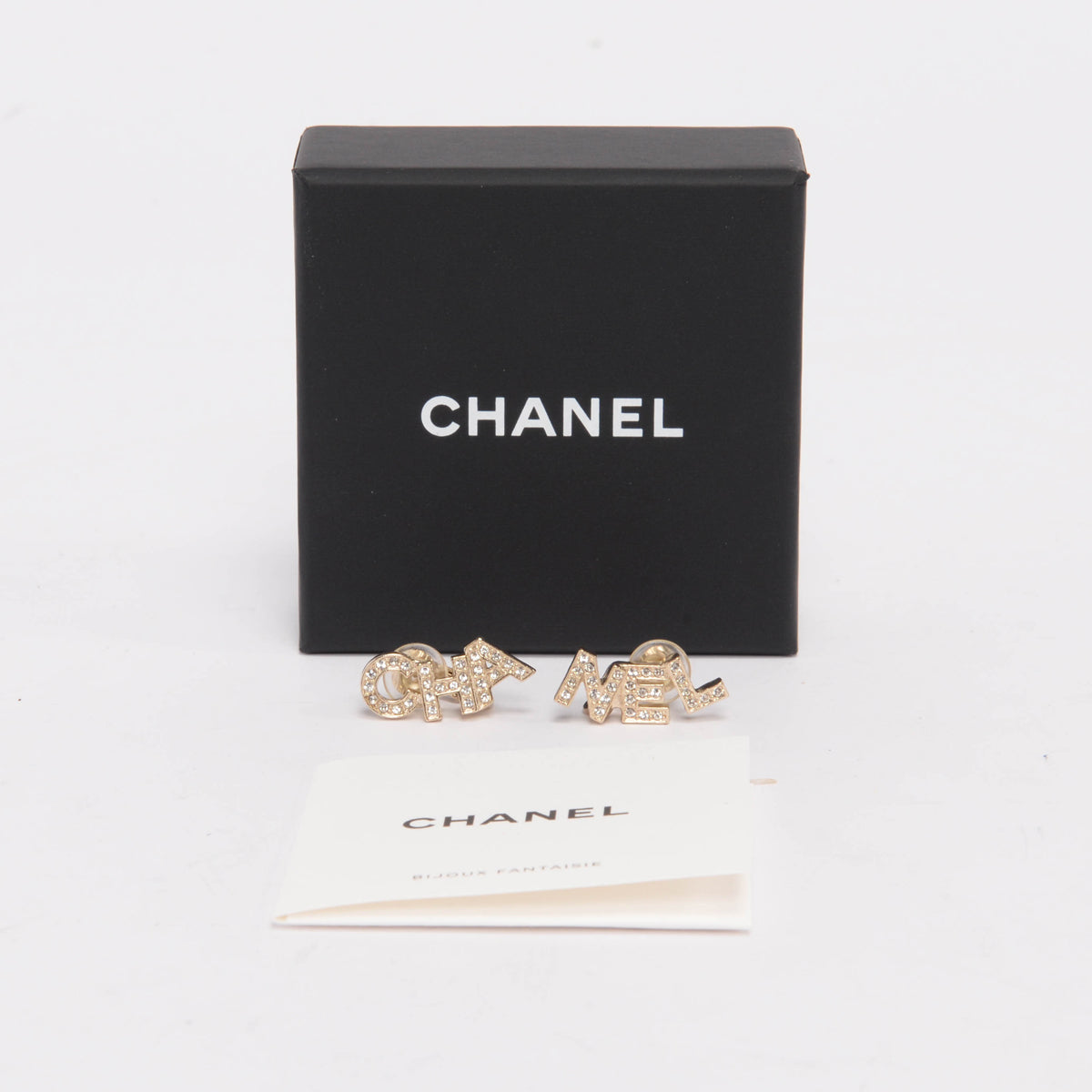 Chanel Crystal Logo Cha-Nel Clip Earrings