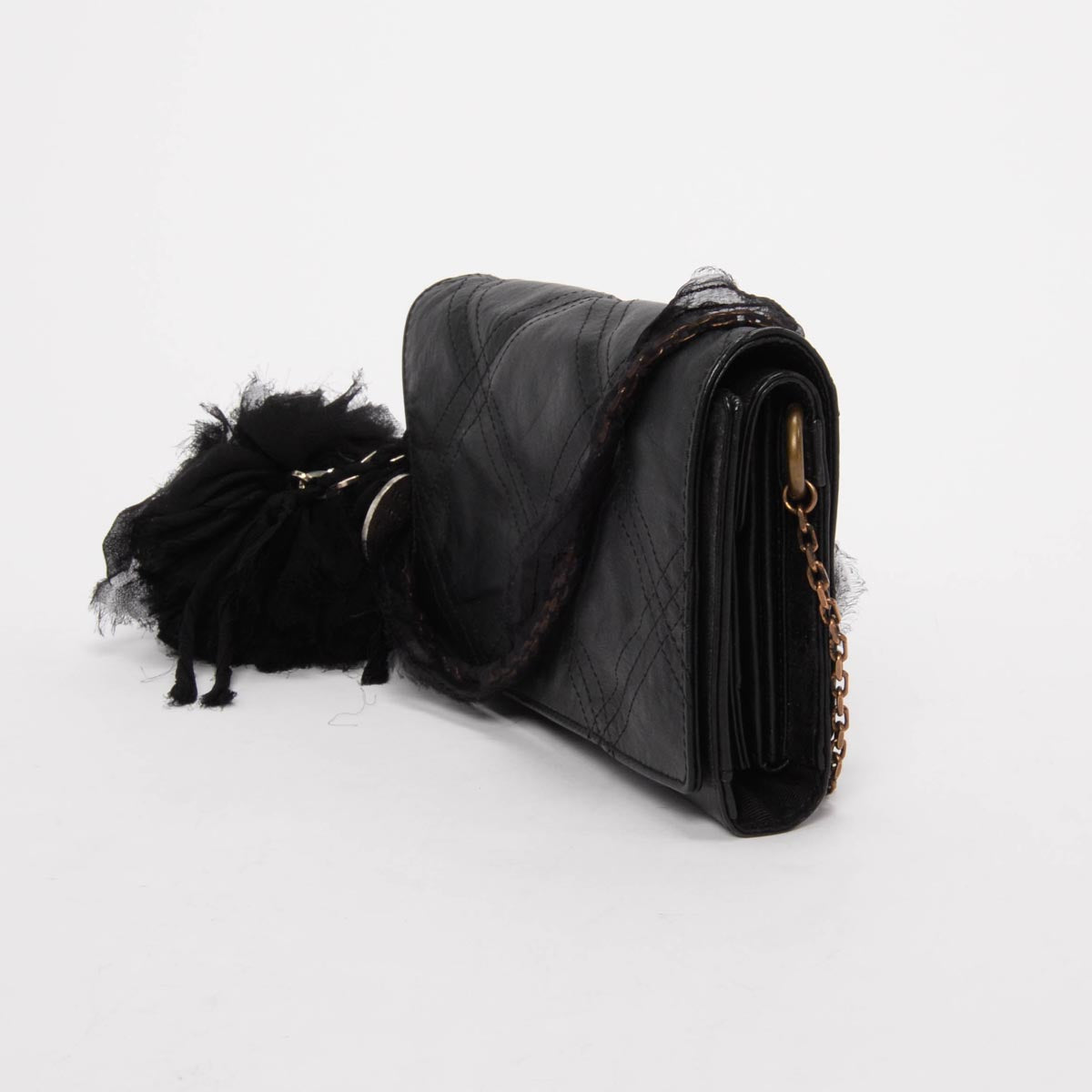 Lanvin Black Quilted Leather Wallet on Chain Clutch