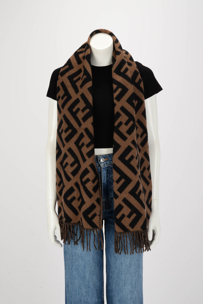 Fendi Brown FF Cashmere Fringed Scarf