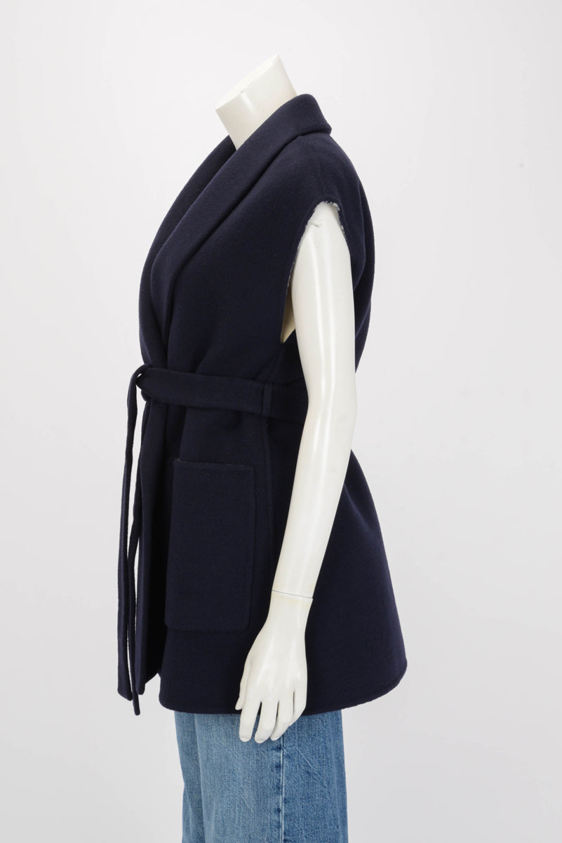 Dior Navy Wool Double Face Sleeveless Belted Coat FR 40