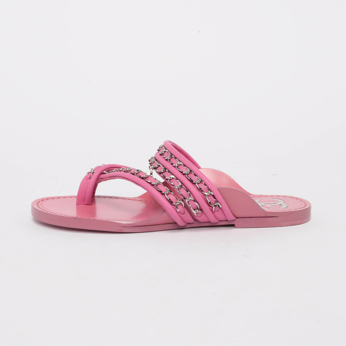 Chanel Pink Calfskin CC Chain Thong Sandals 38