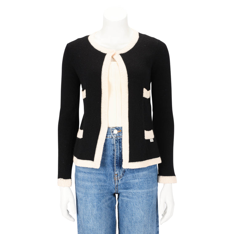 Chanel Black & Cream Cashmere Four Pocket Cardigan FR 36