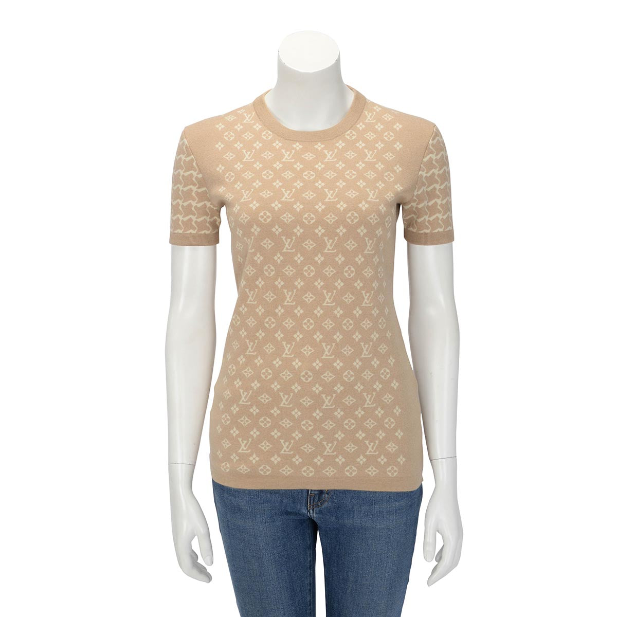 Louis Vuitton Beige Wool Knit Monogram Honeycomb Top S