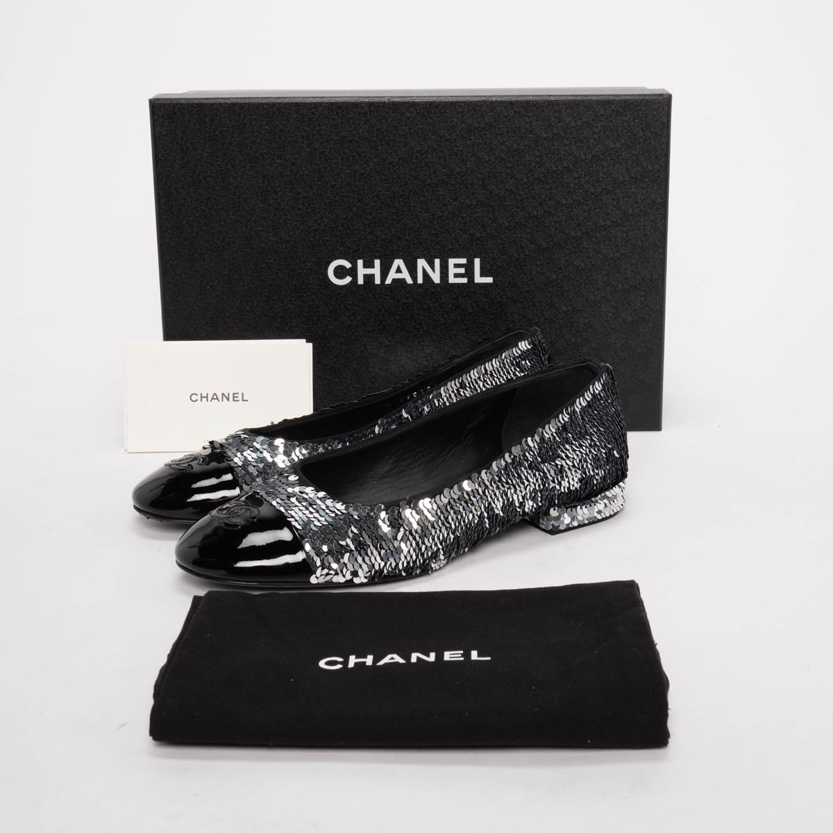 Chanel Black & Silver Sequin Encrusted CC Ballerina Flats 37.5